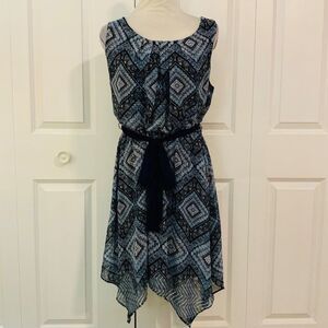 AB Studio Blue Print Sleeveless Belted Defined Waist Knee Length Dress XL